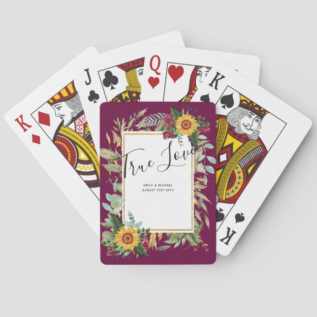 Country Rustic Sunflowers Burgundy Roses Wedding Playing Cards (Back)