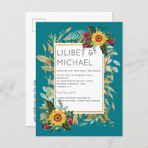 Country Rustic Sunflowers Burgundy Roses Wedding Postcard