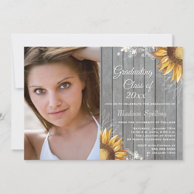 Country rustic sunflowers photo graduation party invitation (Front)