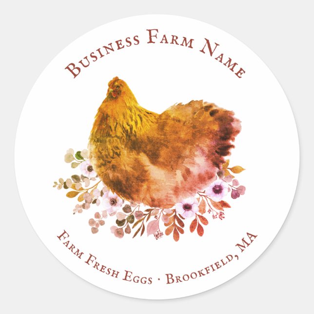 Country Rustic Watercolor Floral Chicken Classic Round Sticker (Front)