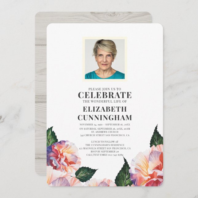 Country Rustic Watercolor Florals Photo Memorial Invitation (Front/Back)