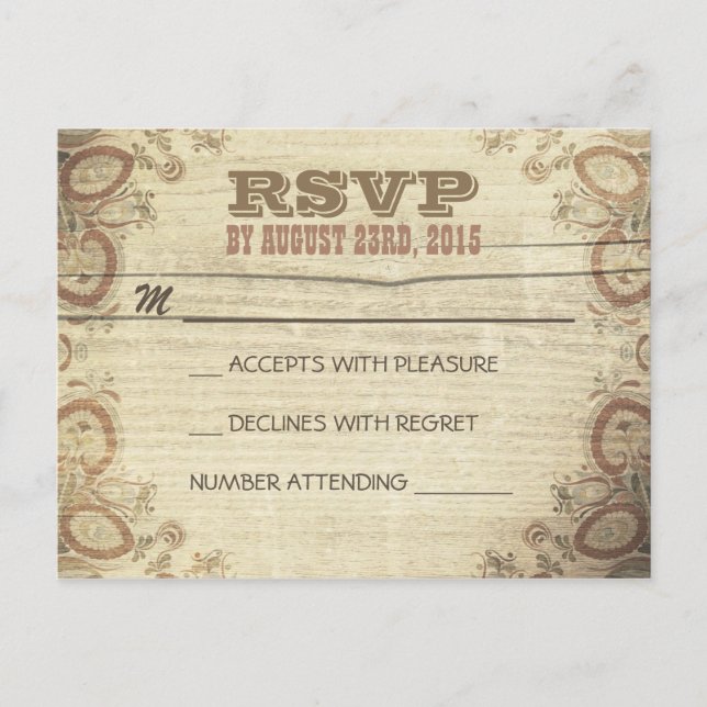 Country rustic wedding RSVP postcards (Front)
