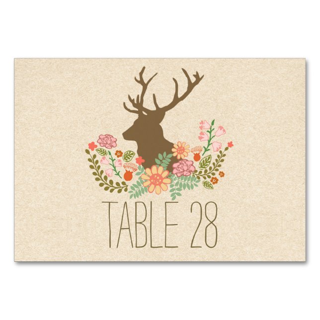 Country rustic wedding table number card with deer (Front)