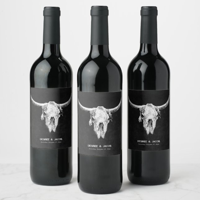 Country Rustic Western Black And White Bull Skull Wine Label (Bottles)