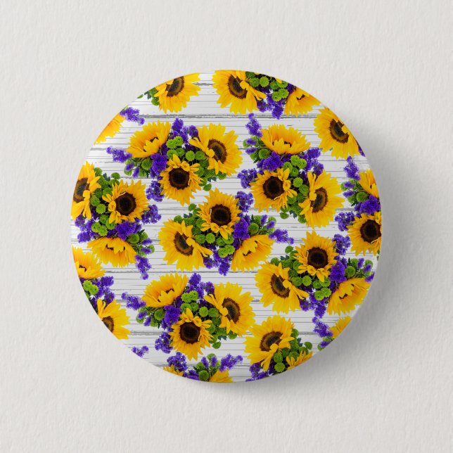 Country Rustic White Wood Purple Yellow Sunflower 6 Cm Round Badge (Front)