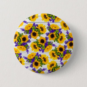Country Rustic White Wood Purple Yellow Sunflower 6 Cm Round Badge
