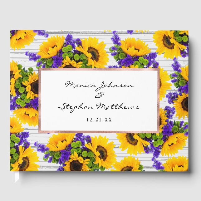 Country Rustic White Wood Purple Yellow Sunflower Guest Book (Front)