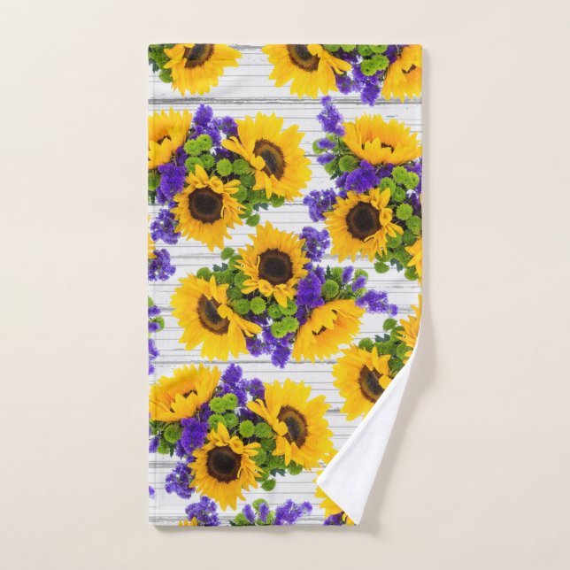 Country Rustic White Wood Purple Yellow Sunflower Hand Towel (Hand Towel)