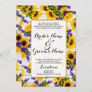 Country Rustic White Wood Purple Yellow Sunflower Invitation