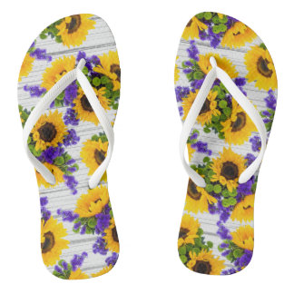 Country Rustic White Wood Purple Yellow Sunflower Jandals