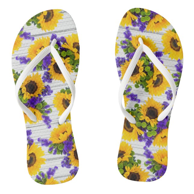 Country Rustic White Wood Purple Yellow Sunflower Jandals (Footbed)