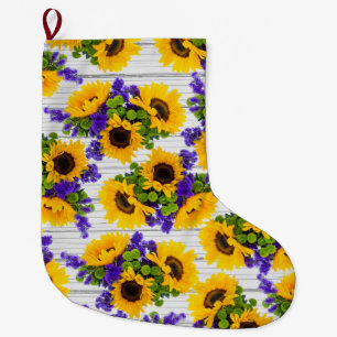Country Rustic White Wood Purple Yellow Sunflower Large Christmas Stocking