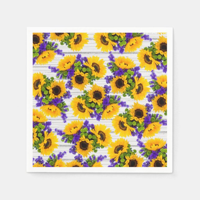 Country Rustic White Wood Purple Yellow Sunflower Napkin (Front)