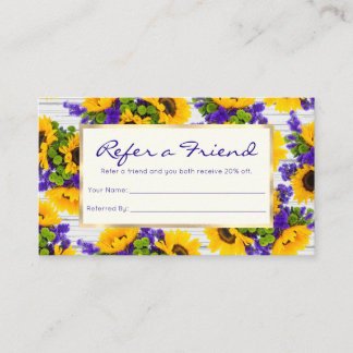 Country Rustic White Wood Purple Yellow Sunflower Referral Card