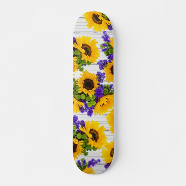 Country Rustic White Wood Purple Yellow Sunflower Skateboard (Front)