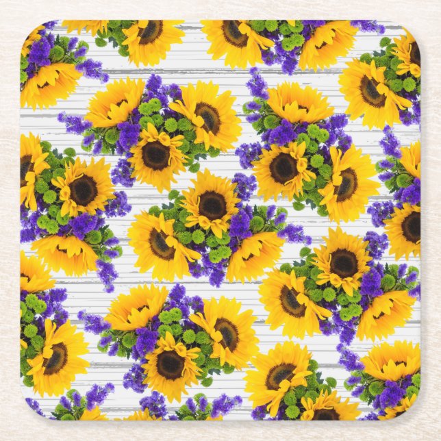 Country Rustic White Wood Purple Yellow Sunflower Square Paper Coaster (Front)