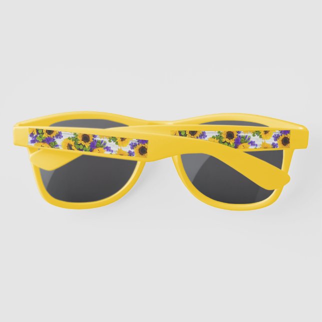 Country Rustic White Wood Purple Yellow Sunflower Sunglasses (Back)