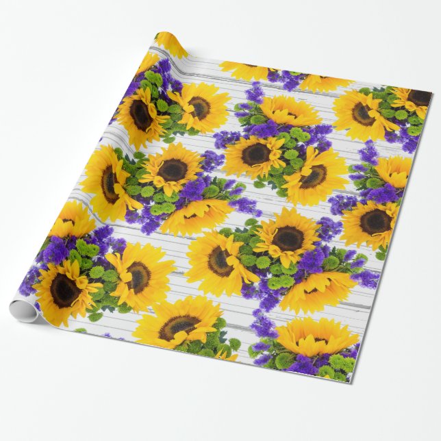 Country Rustic White Wood Purple Yellow Sunflower Wrapping Paper (Unrolled)