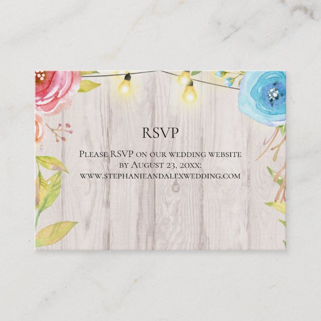 Country Rustic Whitewash Wood String Light Wedding Business Card (Front)