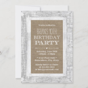 Country Rustic Wood Frame Burlap 10th Birthday Invitation