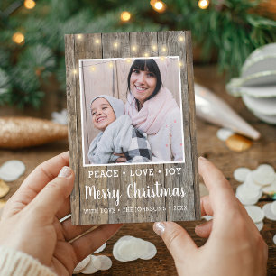 Country Rustic Wood Lights Photo Merry Christmas Holiday Card