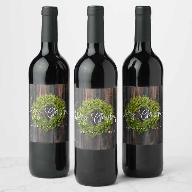 Country Rustic Wood Merry Christmas Greeting Wine Label (Bottles)