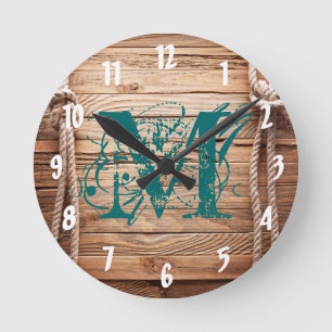 Country Rustic Wood Monogram Initial Wall Clock