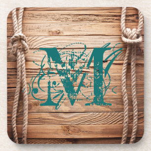 Country Rustic Wood Rope Monogram Drink Coaster