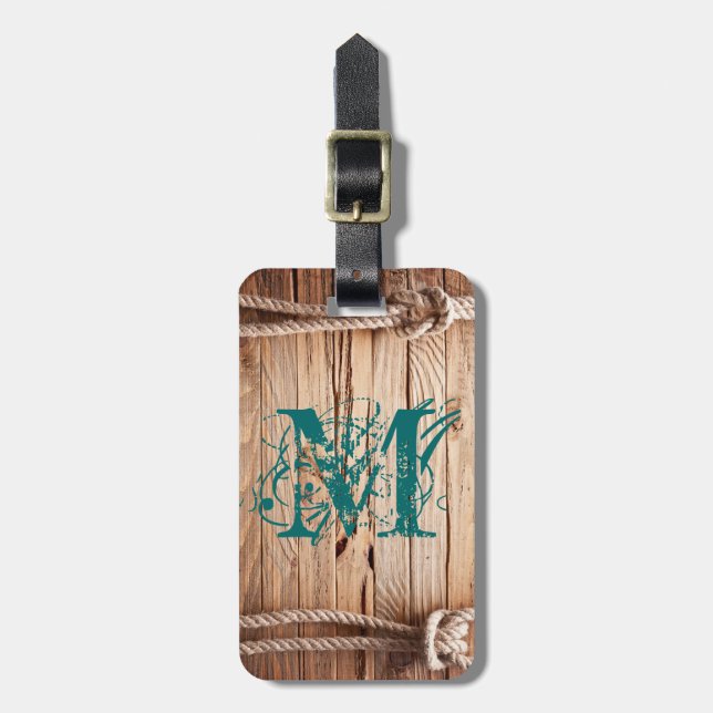 Country Rustic Wood Rope Monogram Luggage Tag (Front Vertical)