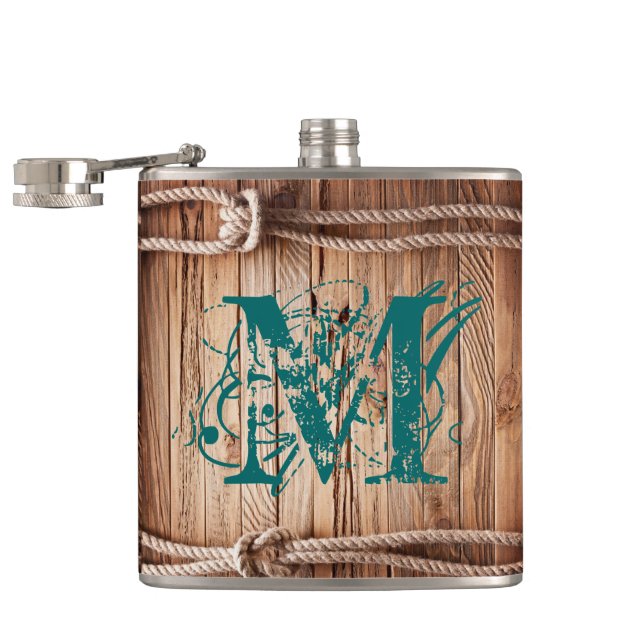 Country Rustic Wood Rope Monogram Whiskey Flask (Opened)