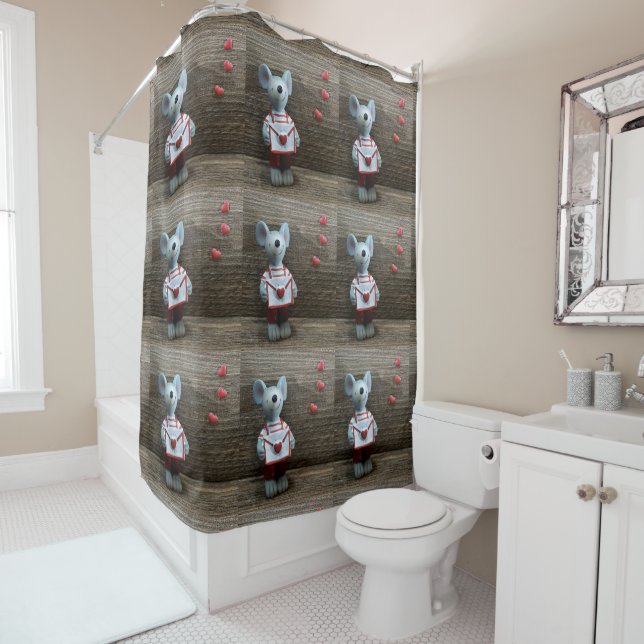 Country Rustic Wood Trendy Valentine Mouse Hearts Shower Curtain (In Situ)