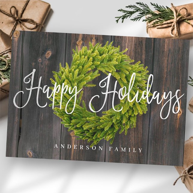 Country Rustic Wood Wreath Happy Holidays Greeting Holiday Card (Creator Uploaded)