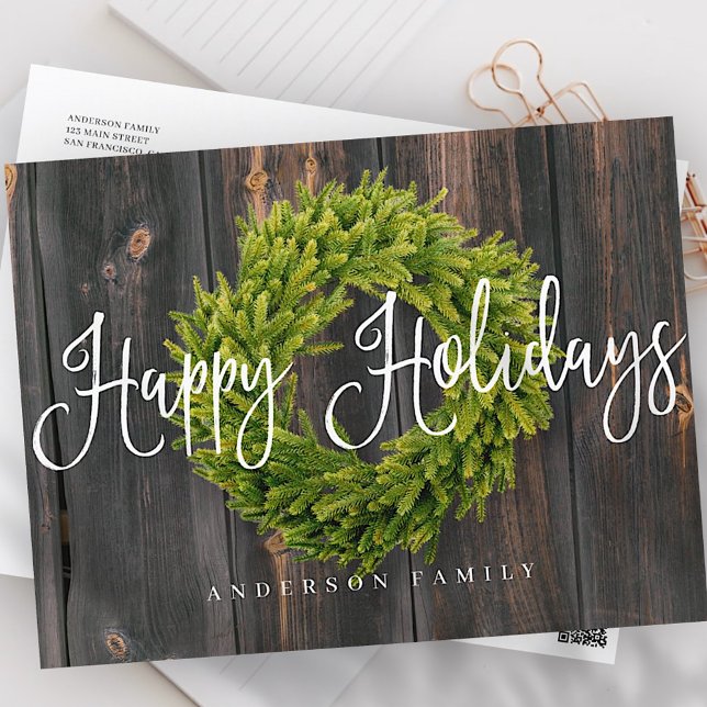 Country Rustic Wood Wreath Happy Holidays Greeting Holiday Postcard (Creator Uploaded)