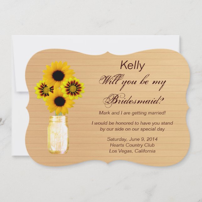Country Rustic Yellow Mason Jar Bridesmaid Card (Front)