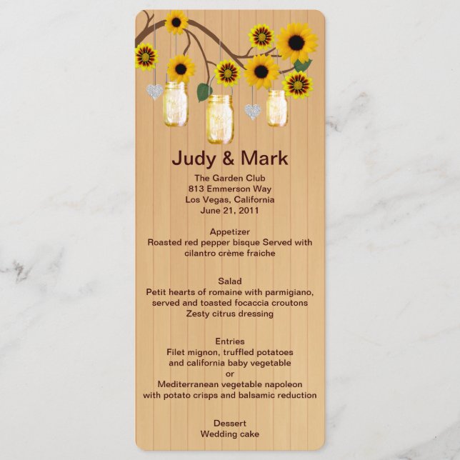 Country Rustic Yellow Mason Jars Wedding Menu Card (Front)