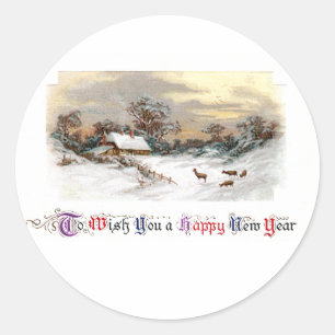 Country Scene with Deer Vintage New Year Classic Round Sticker