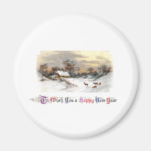Country Scene with Deer Vintage New Year Magnet