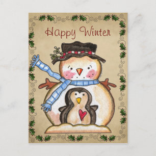 Country Snowman and Penguin Friendship Postcard