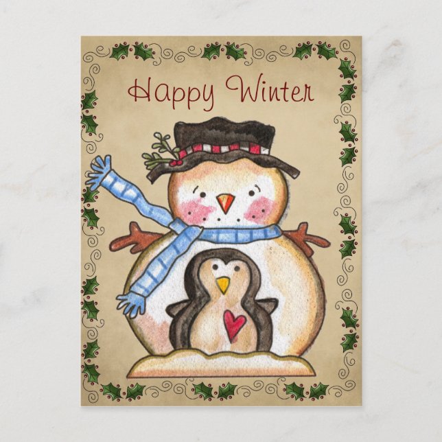 Country Snowman and Penguin Friendship Postcard (Front)