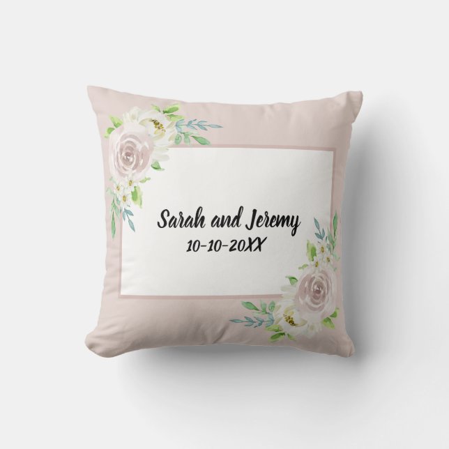 Country Soft Mauve Floral Watercolor Rose Wedding Cushion (Front)