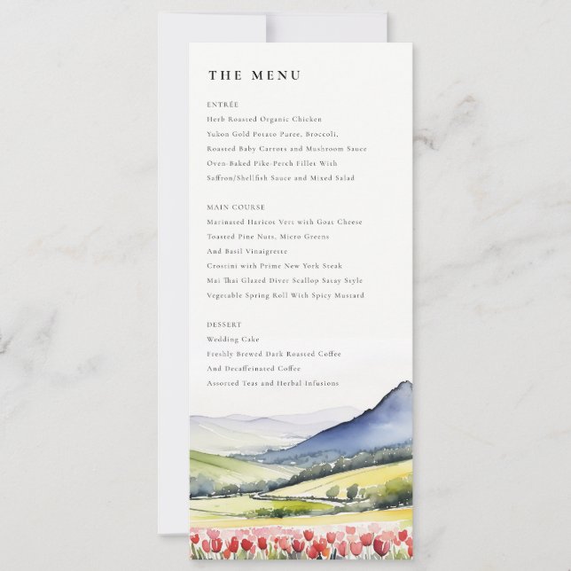 Country Spring Floral Landscape Wedding Menu Card (Front)