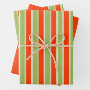 Country Stripes Cottage Pattern Green and Orange Wrapping Paper Sheet