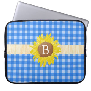 Country style blue plaids, sunflower, monogram laptop sleeve