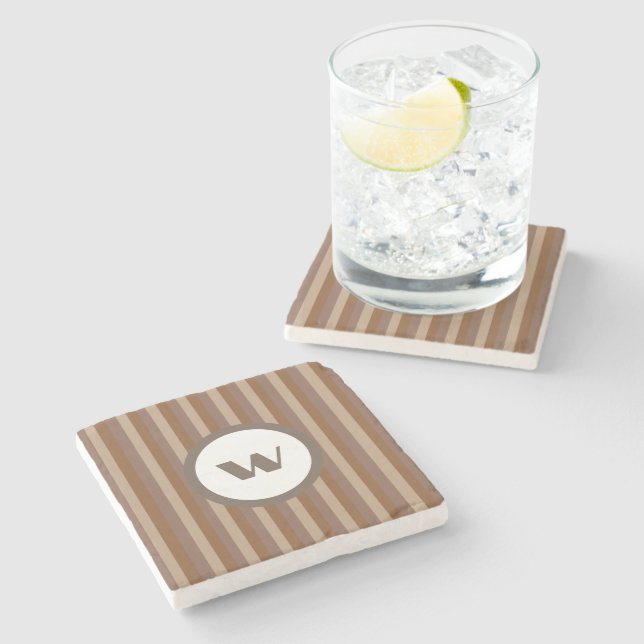 Country-Style Brown Striped Monogram Stone Coaster (Side)