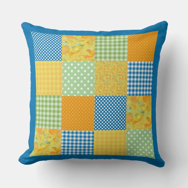 Country-style Faux-patchwork Pillow: Daffodils Cushion (Front)