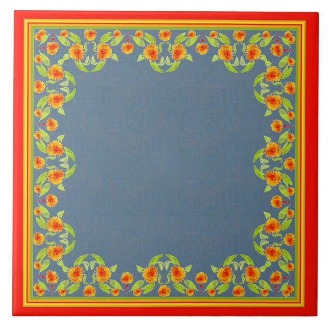Country Style Marigolds Border Ceramic Tile (Front)