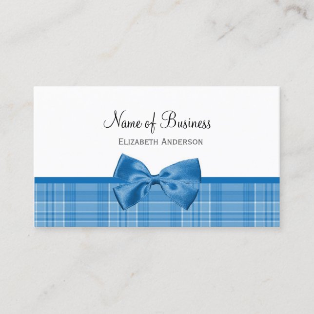 Country Style Plaid Pattern With Girly Blue Bow Business Card (Front)