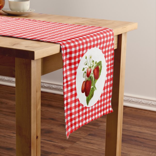 Country Style Strawberries with Red Gingham Short Table Runner (In Situ)