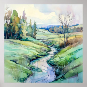 Country Summer Landscape Watercolor  Poster