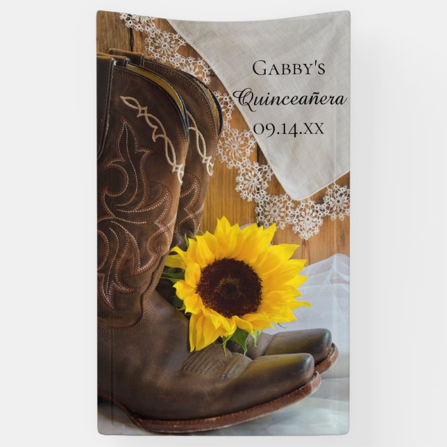 Country Sunflower and Lace Western Quinceañera Banner (Vertical)